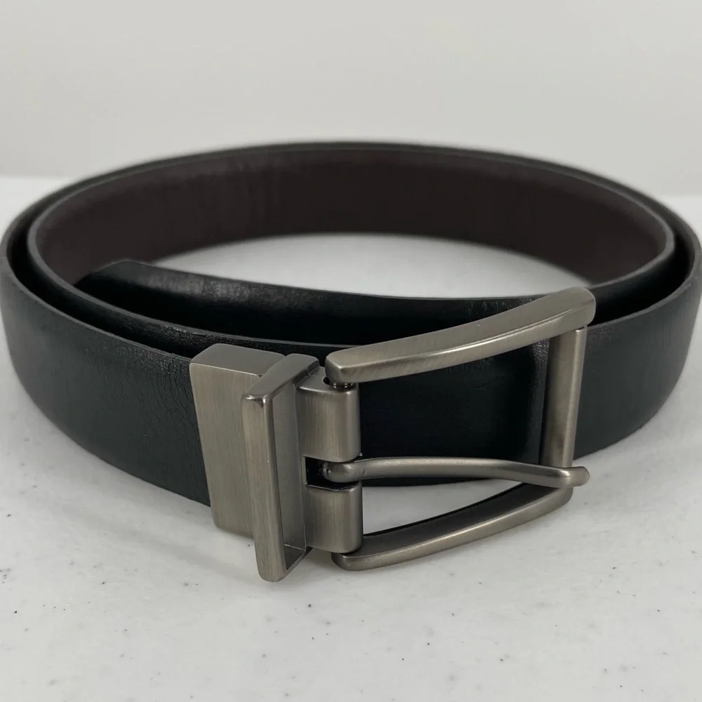 Leather Reversible Black Brown Brushed Silver Buckle Men’s Belt 40 Office Work